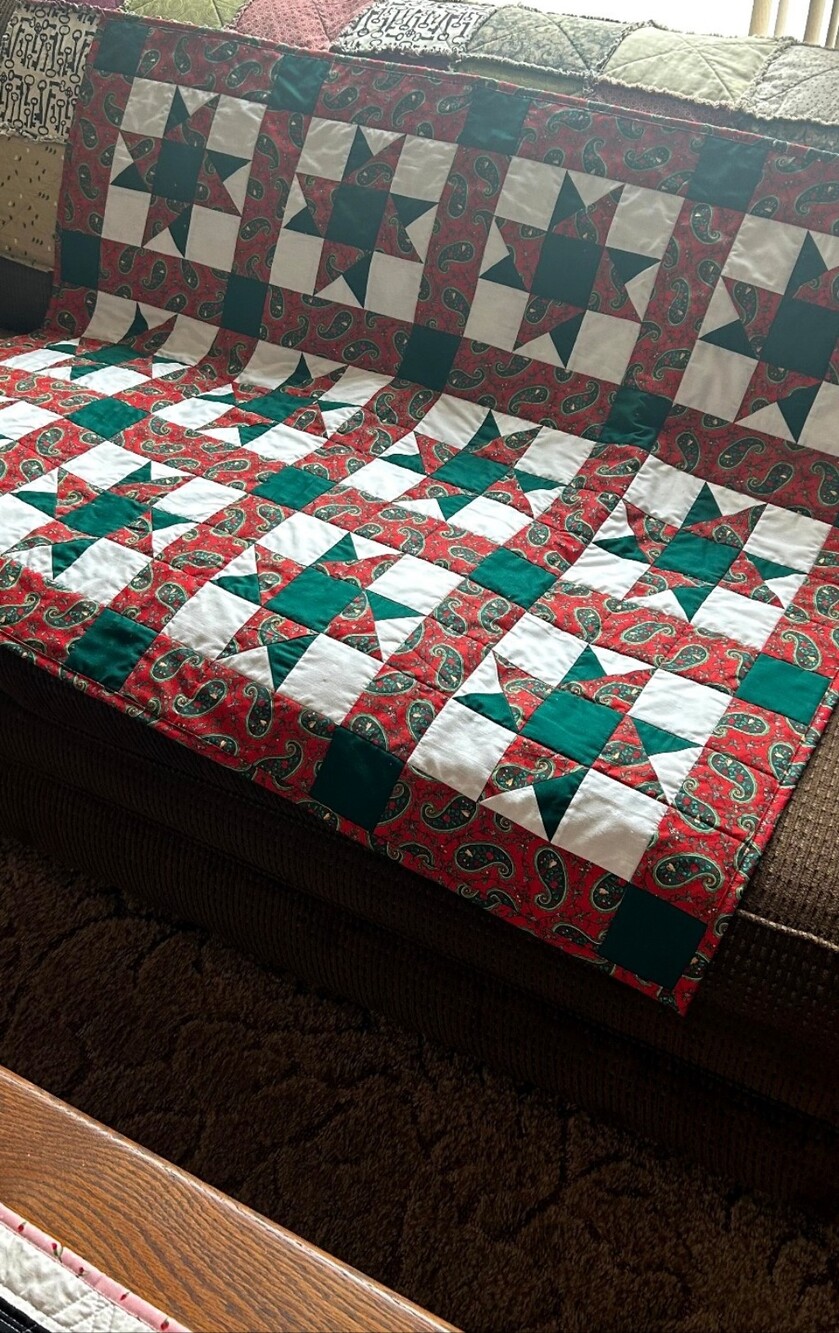 Handmade, Red, Green, White And Paisley Printed Quilted Throw. Dry Clean Only.